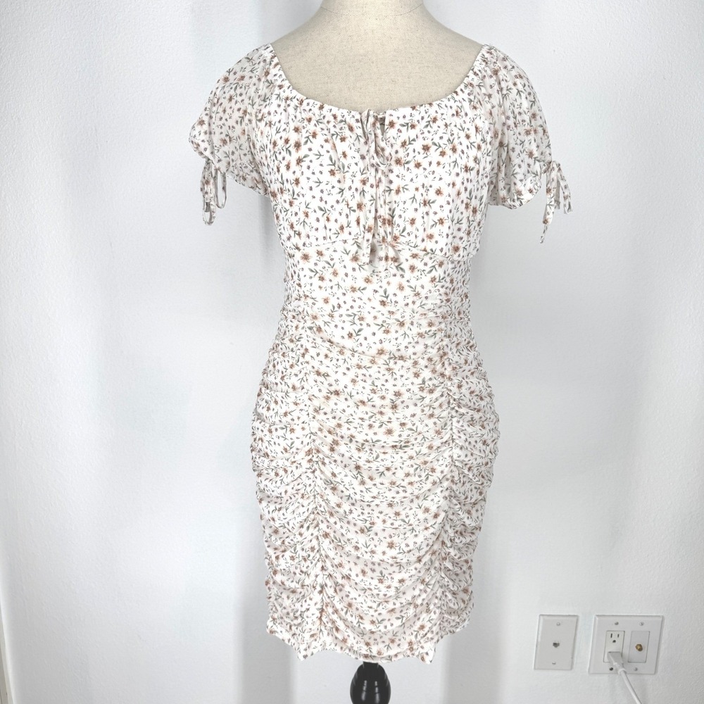 Womens Milkmaid Floral Ruched Mini Dress Bodycon Mesh Size M Tie Front Coquette